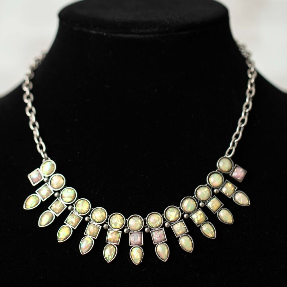 Iridescent Faux Opal Statement Bib Necklace Silver Tone Geometric Boho
